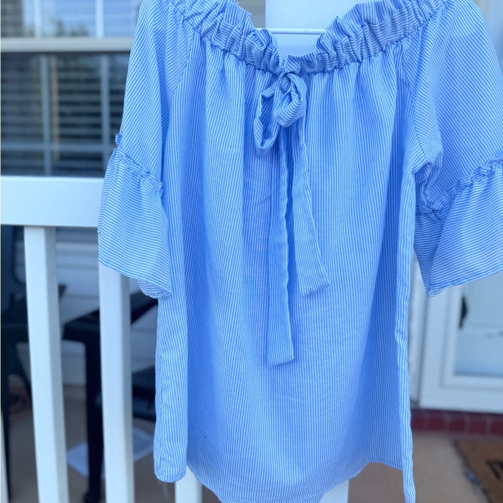 Love In Blue Striped Ruffle Off-Shoulder Top | Size Small - Picture 2 of 4